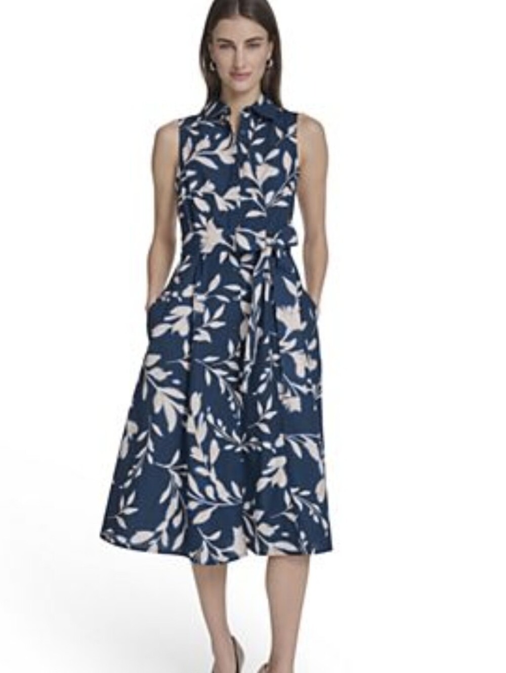 Calvin Klein 100% Cotton  Navy Sleeveless Floral Midi Shirt Dress, size 10